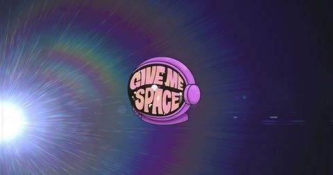 Surreal floating astronaut helmet with give me space text in cosmic setting