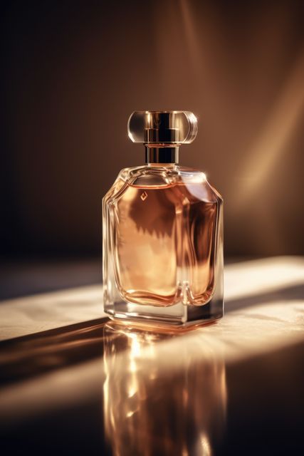 Elegant glass perfume bottle with a warm, glowing background, reflecting sunlight softly. Perfect for advertisements, beauty products, luxury branding, and cosmetics marketing.