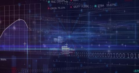 Pulsing neon data corridor with binary ribbon and holographic analytics dashboard