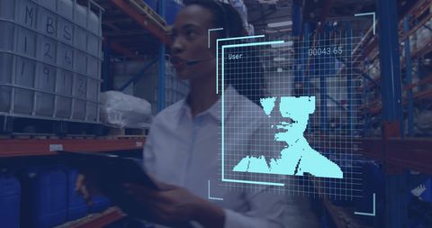 Biometric Data Interface with Businesswoman in Warehouse Setting