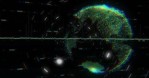 Rotating rgb point-cloud globe pulsing with waveform, glitch telemetry and neon particles