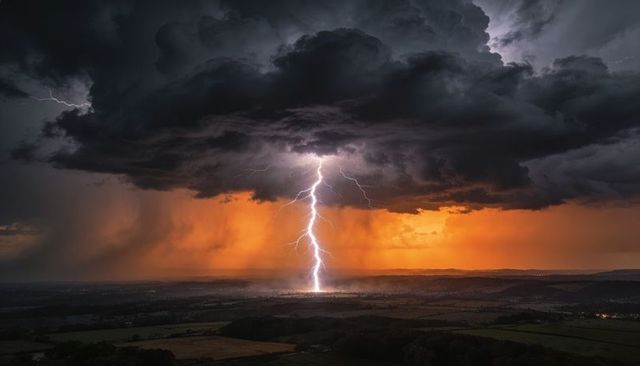 Lightning striking farmland at dusk with fiery orange sky and dramatic storm clouds