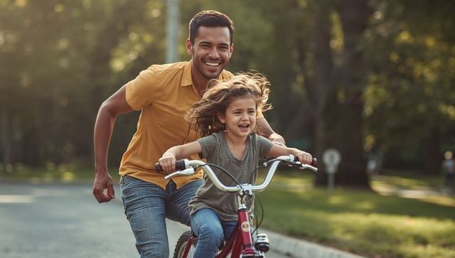 Father guiding daughter learning to ride bike in sunlit park during golden hour
