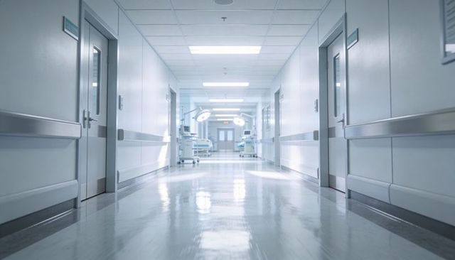Empty hospital corridor with polished floor and medical equipment leading to double doors
