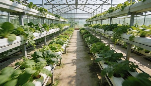 Sunlit hydroponic greenhouse growing lettuce on tiered channels with central walkway