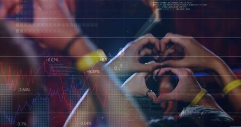 Concert Attendees Forming Heart Shapes Amid Data Charts