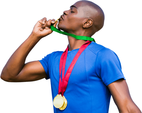 Biracial Man Celebrating Victory Kissing Gold Medals on Transparent Background