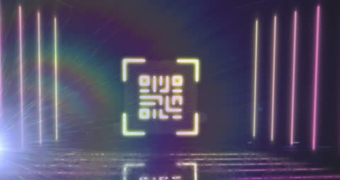 Futuristic QR Code with Neon Elements on Digital Network Background