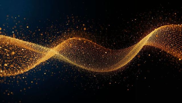 Flowing golden particle ribbon twisting across deep navy backdrop luminous abstract wave