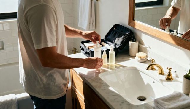 Man packing travel toiletry kit on marble bathroom vanity in morning sunlight