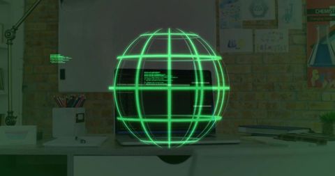 Floating Green Globe with Code in Modern Home Office