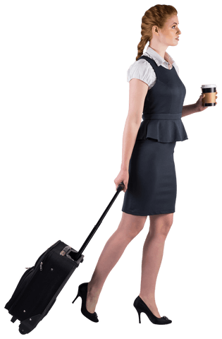 Transparent Businesswoman Traveling With Luggage Plus Coffee Cup
