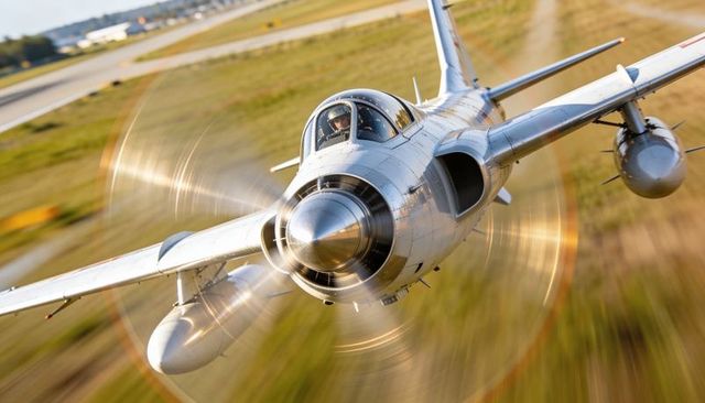Silver vintage jet-prop fighter flying low skimming runway with spinning prop and pilot