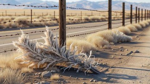Rural barbed wire fence with tumbleweed in desert landscape