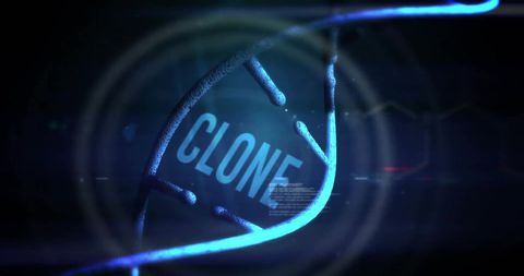 DNA Strand with Clone Text Amidst Digital Data Visualization