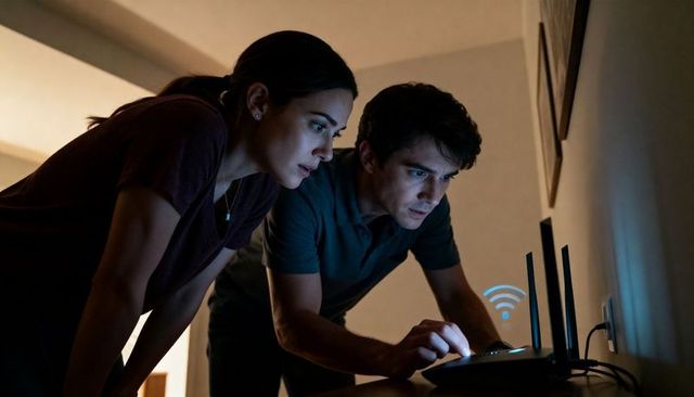 Young couple troubleshooting wi-fi router at night, leaning close over router in dim hallway