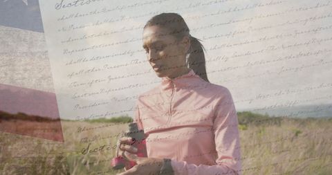 Patriotic Spirit with Biracial Woman Hiking