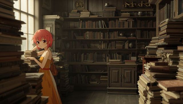 Anime Woman Exploring Library Stacks in Warm Antique Setting