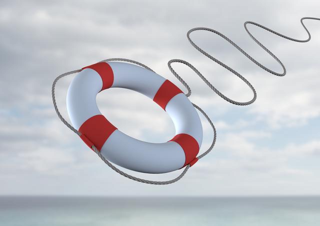 Digital composition of lifebuoy in air against cloudy sky