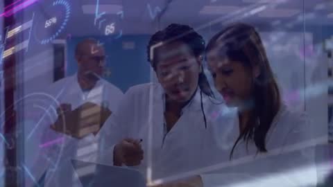 Scientists Collaborating with Holographic Data for Innovative Research in Laboratory