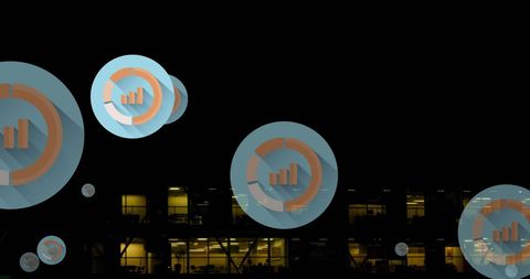 Business Growth Concept with Infographics Over Modern Office at Night