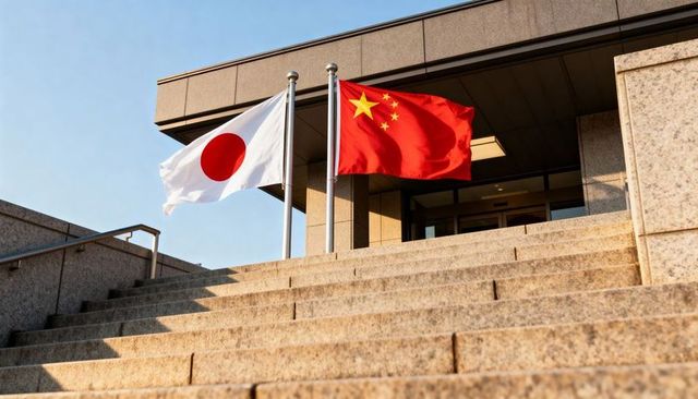 Japan china flags waving over granite steps at government entrance - diplomacy and bilateral ties