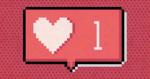 Pixel art speech bubble with heart icon over red halftone