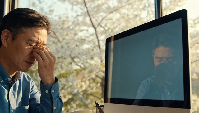 Middle-aged asian man rubbing nose at desk showing fatigue, stress and screen reflection