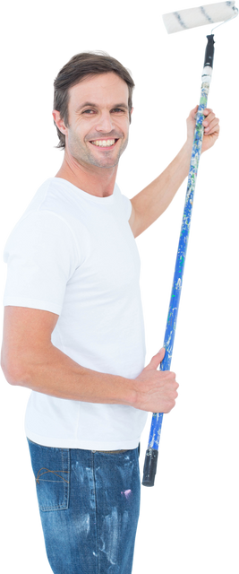 Smiling man with paint roller isolated on transparent background - Download Free Stock Videos Pikwizard.com