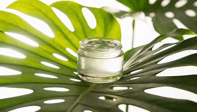 Clear gel jar resting on monstera leaf promoting natural skincare hydration and eco beauty