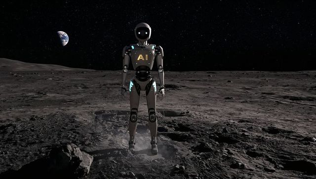 Ai humanoid robot hovering with cyan accents on lunar surface, earth rising behind