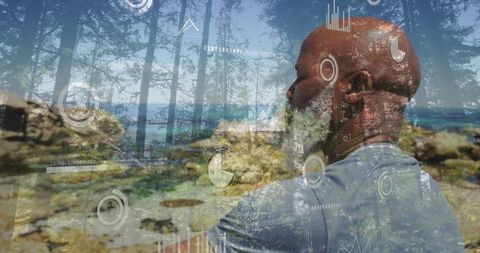 Man Succeeding Nature and Technology as Visual Data Overlays