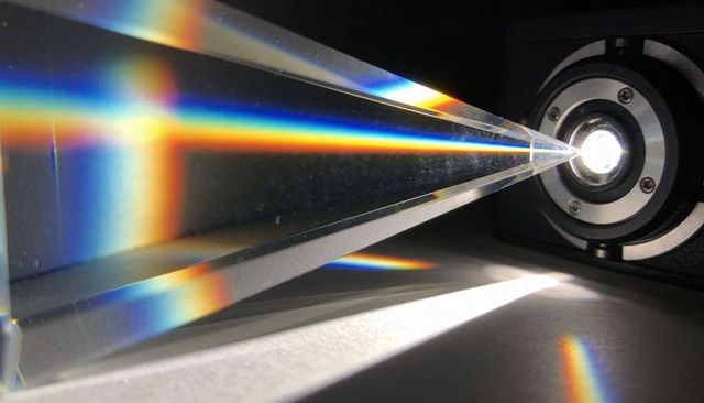 Crystal prism dispersing rainbow beam from led optic, demonstrating refraction and spectrum