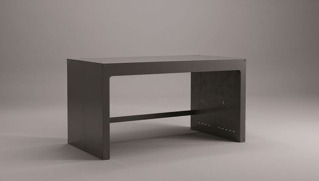Minimalist matte metal desk featuring riveted panels and central support beam, industrial workstatio
