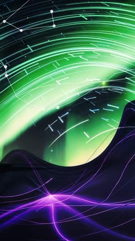 Animating aurora with neon purple energy spiraling over dark horizon vertical video loop