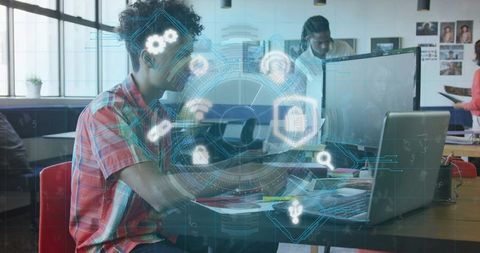 Young woman working on laptop with augmented reality hud in modern coworking hub