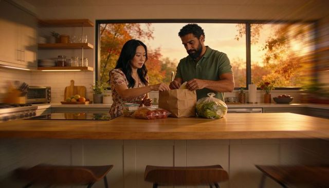 Couple packing groceries on kitchen island at sunset autumn warmth home lifestyle
