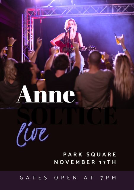 Live concert scene featuring female musician playing guitar on stage in front of an enthusiastic audience. This image can be used for promoting music events, concerts, entertainment venues, and ticket sales.