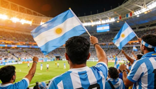 Argentina supporters waving flags, cheering during night soccer match at stadium
