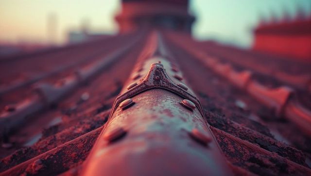 Weathered Red Metal Rooftop with Rivets in Urban Setting