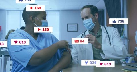 Doctor administering vaccine shot in clinic with social media reactions