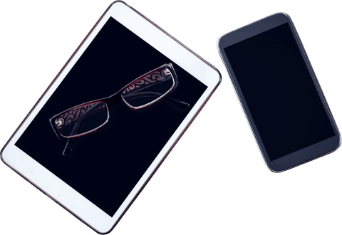 Tablet with red spectacles and phone isolated on transparent background