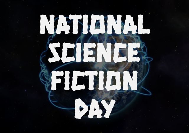 Digital composite of national science fiction day text over atom on yellow background. science and imagination.