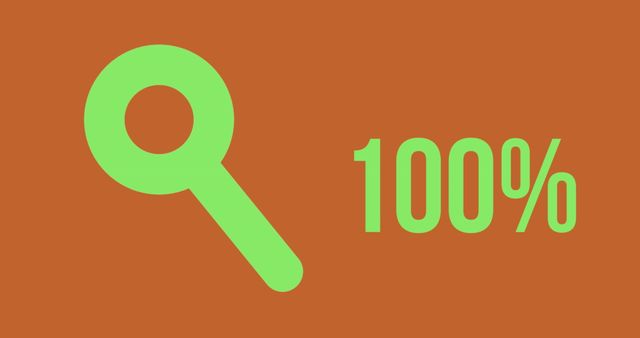 Bright green magnifying glass icon alongside 100 percent symbol on brown background signifies completed task, full charge, or successful search. Ideal for visuals depicting progress tracking, search optimization tools, successful business performance, quality completion rates, and in data analysis visuals or achievement certificates.