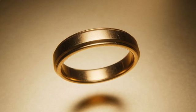 Floating Gold Wedding Band with Warm Highlights and Soft Shadow, Minimal Luxury Jewelry