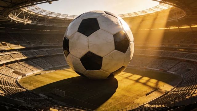 Giant soccer ball dominating modern stadium at sunset, dramatic lighting and deep shadow