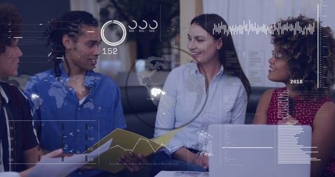 Diverse Team Collaborating with Data Visuals in Modern Workspace