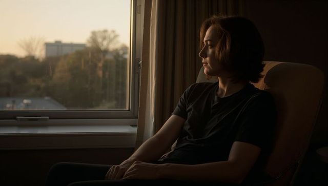 Young man sitting in dim room gazing out window at golden hour, thoughtful interior moment