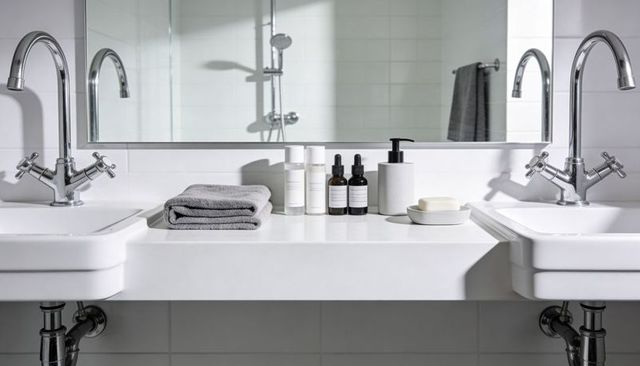 Modern minimalist double vanity with chrome faucets, dual sinks, folded towels and skincare bottles