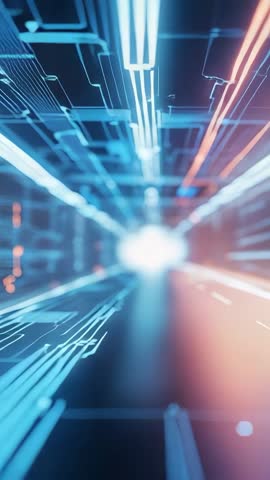 Racing neon circuit tunnel vertical video streaming futuristic data flow with blue and orange light